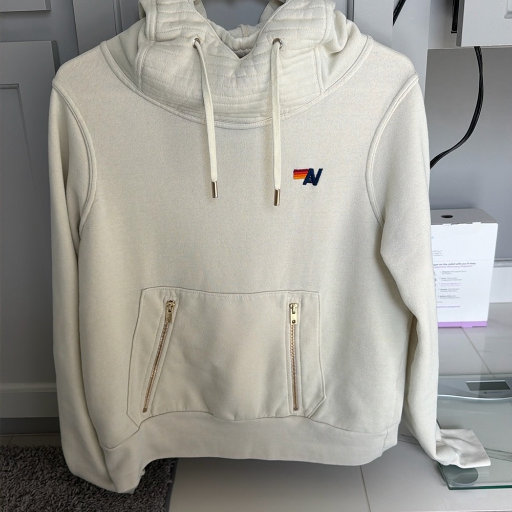 Aviator Nation ninja pullover hoodie in vintage white size small gold zip